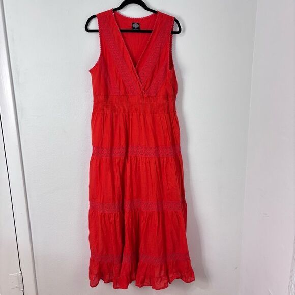 Calstyle Tiered Maxi Sundress Red Orange Womens L Gauzy Packable Vacation Travel - Picture 1 of 10